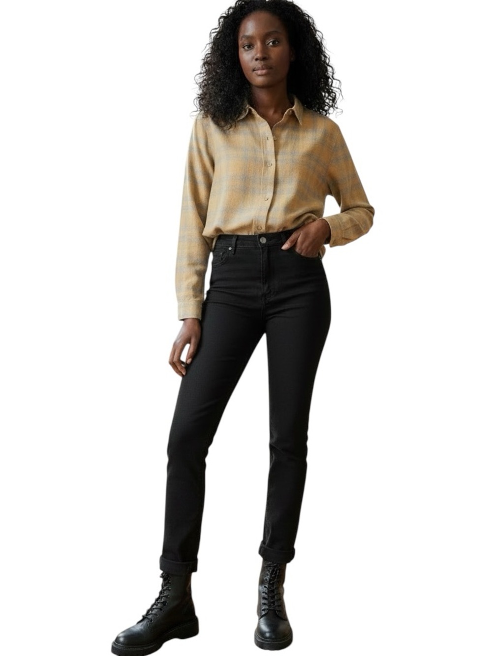 NWT Wildfang Long Sleeve Flannel Button-Up Shirt in Gold/Gray Size Small